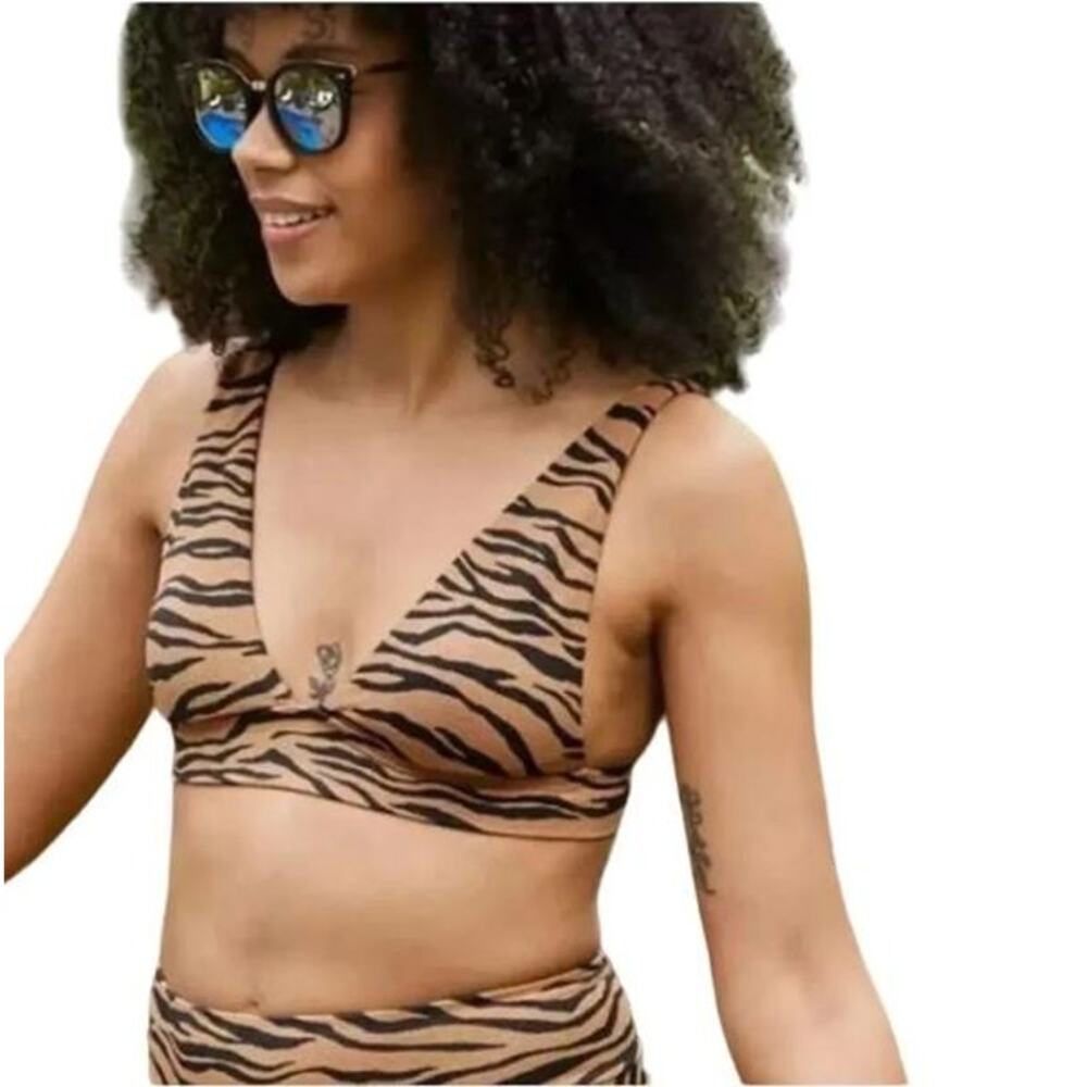 Aerie Pique Animal Print Tie Longline Triangle Bikini Top - Sienna NWT Size XS